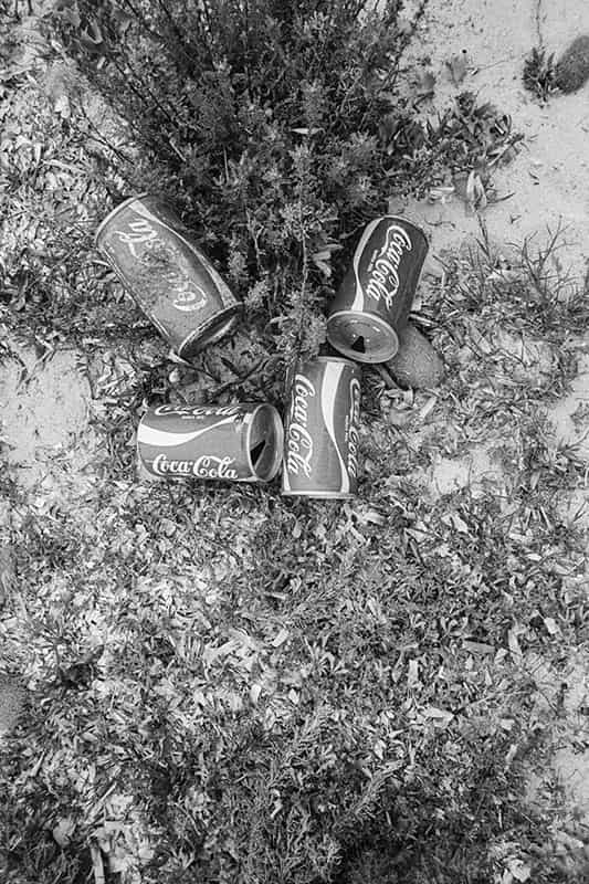 Vier Coca Cola Dosen liegen weggeworfen auf einem Sandstrand, der mit der ueblichen Vegetation bewachsen ist. Es handelt sich um eine Schwarz - Weiss Fotografie. Menorca